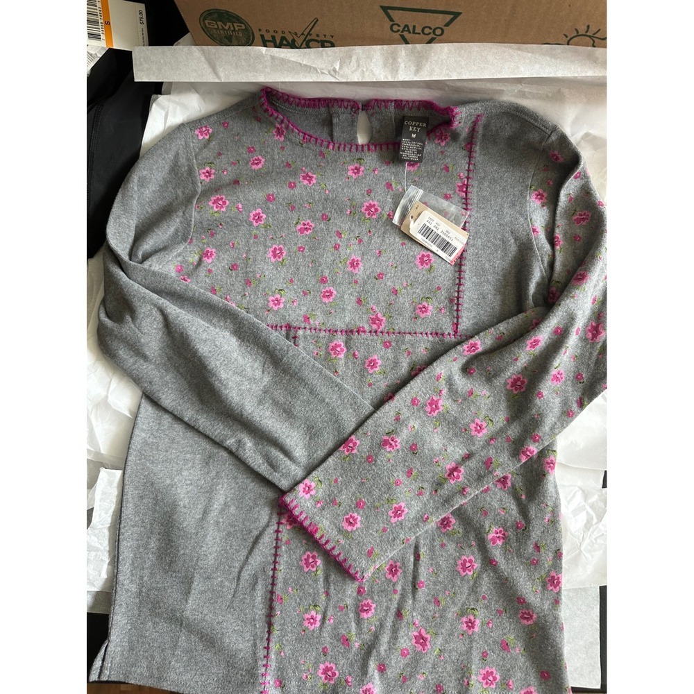 Copper Key Girls Gray Floral Embroidered Long Sleeve wool blend  Sweater Size M